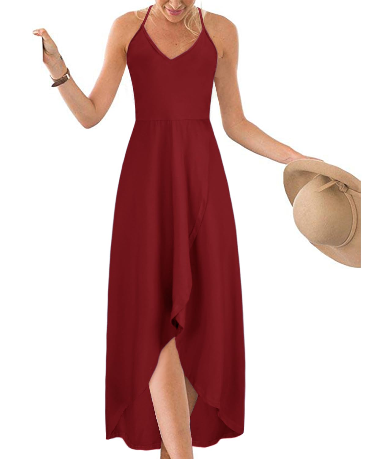 KILIG Women's V-Neck Sleeveless Floral Maxi Dress - Asymmetrical Patchwork Summer Sundress for Beach, Vacation & Casual Wear | Lightweight Comfortable Boho Chic Dress
