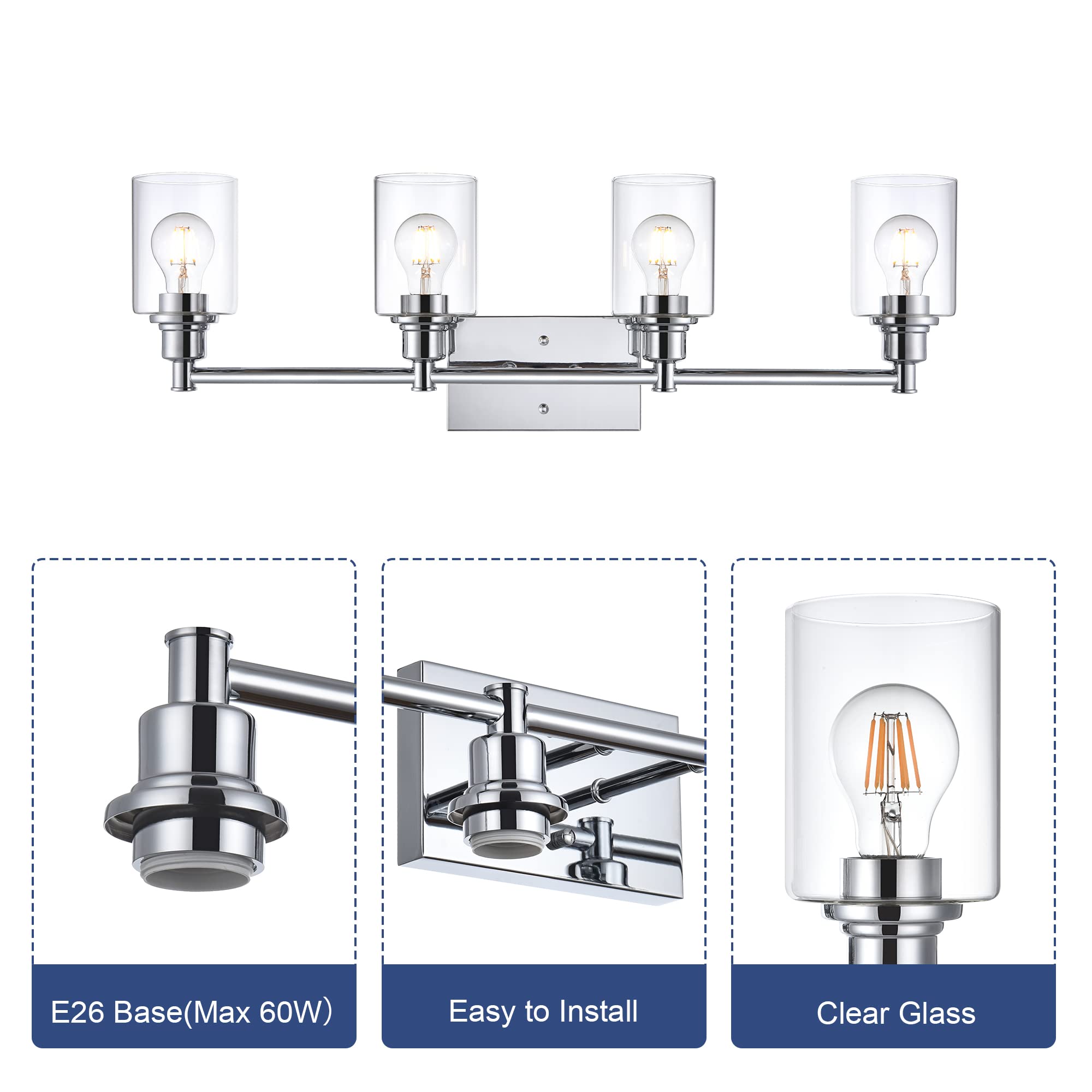 Modern Chrome Bathroom Vanity Lights - 4-Light Sconces with Clear Glass for Kitchen & Bathroom