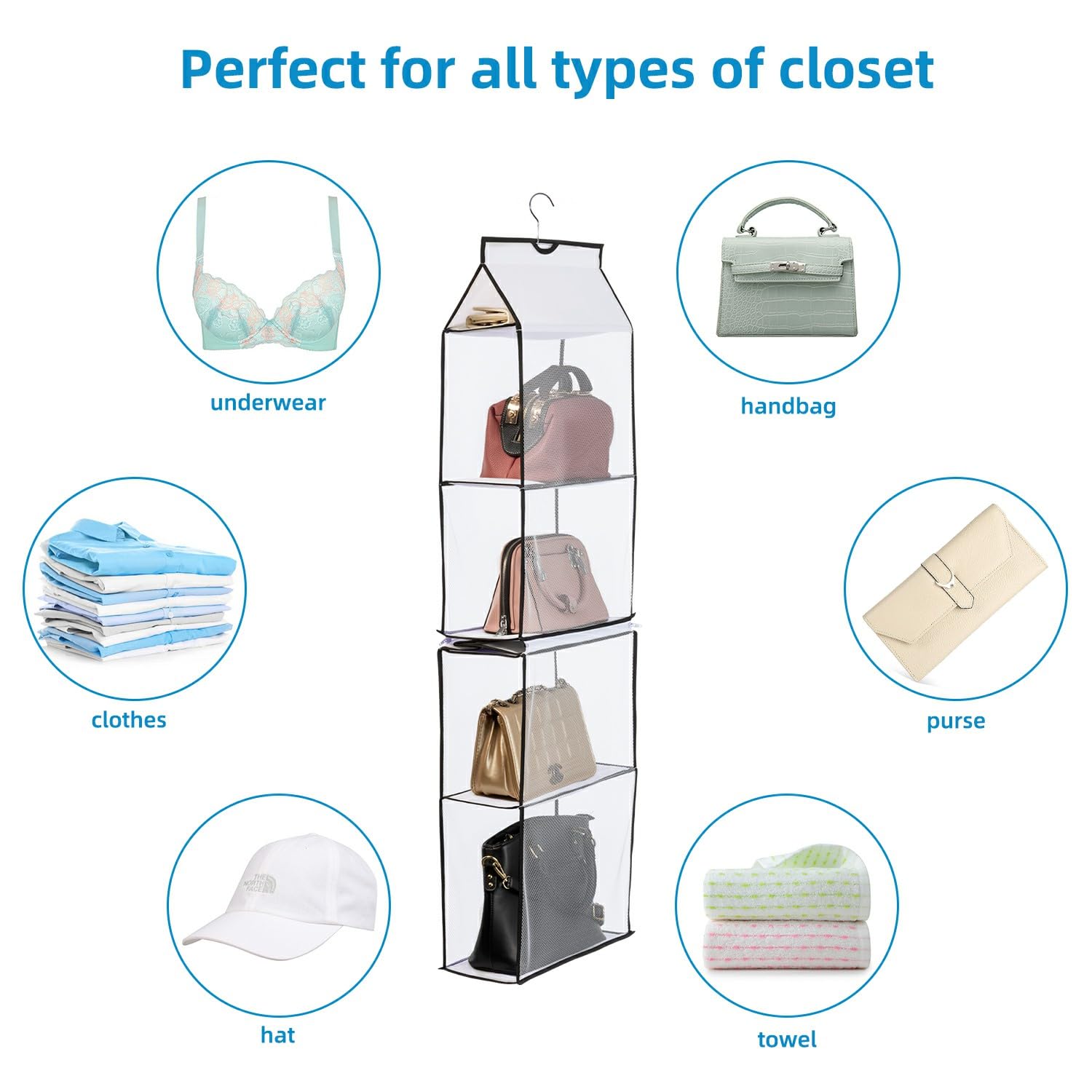 4-Tier Mesh Hanging Purse Organizer for Closet - Space-Saving Handbag Storage Bag with Durable Shelves (White, 2-Pack) - Perfect for Bedroom, Walk-in Closet & Dorm Organization