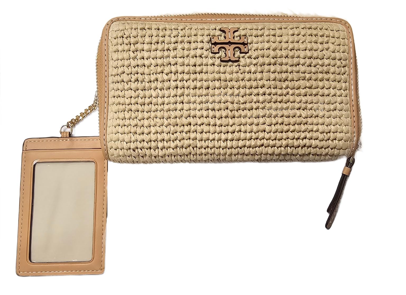 Tory Burch Thea Raffia Khaki Gold Hardware Women's Zip Continental Wallet with Card Case - Stylish & Functional Women's Accessory for Everyday Use, Travel, and Special Occasions