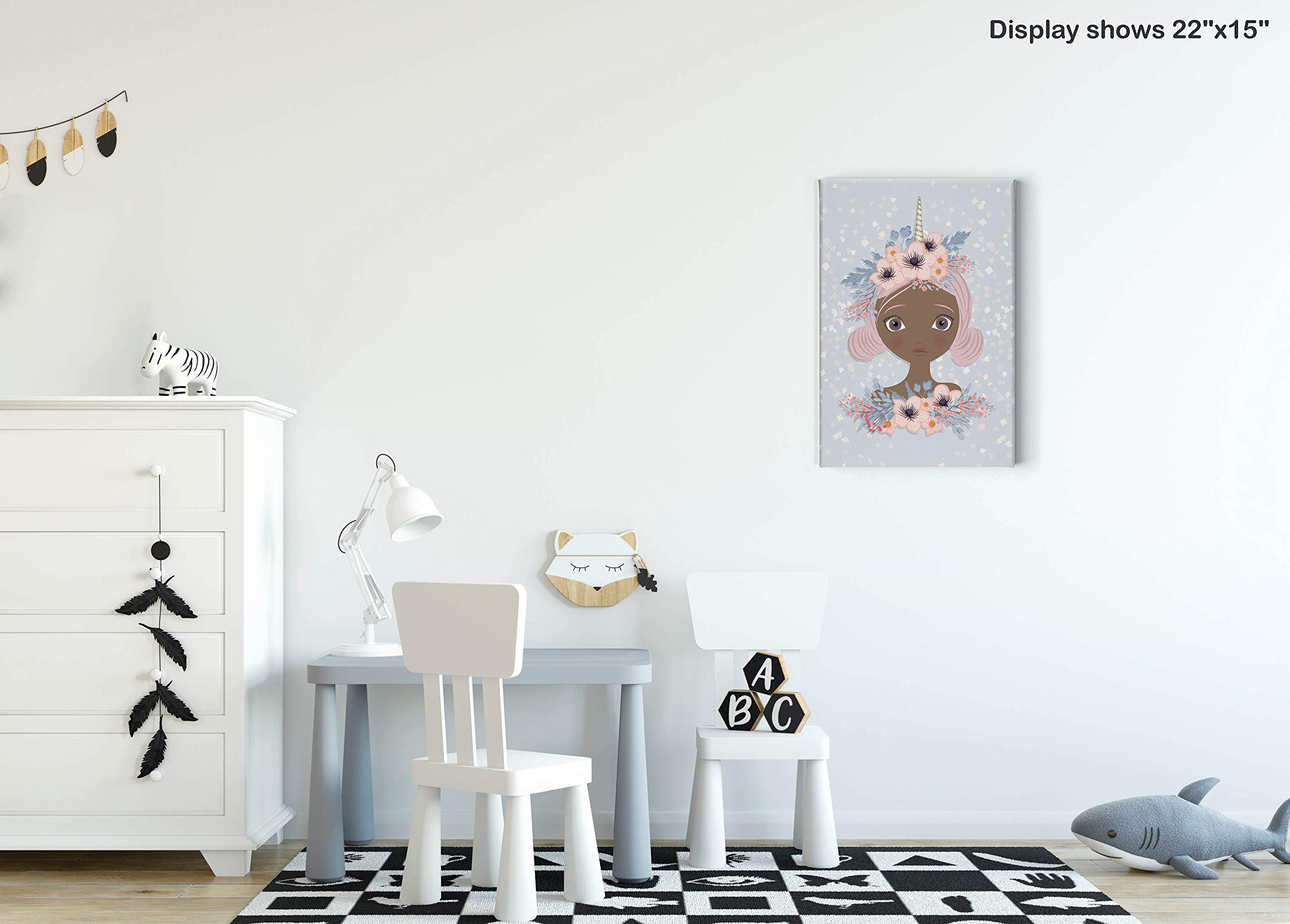 African American Unicorn Girl Canvas Wall Art - Smile Art Design 12x8 Inch Ready to Hang Nursery Decor, Kids Room Decor, Baby Gift, Made in USA | Perfect for Children's Bedroom, Playroom & Birthday Presents