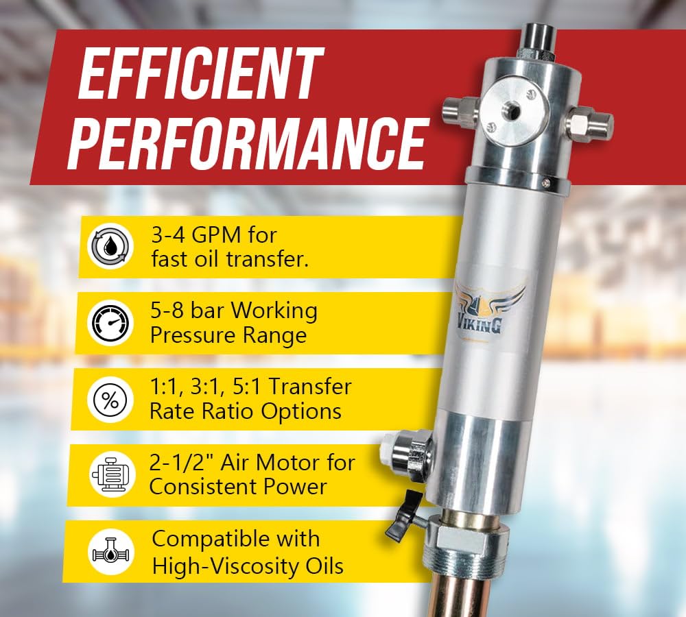 Mytee 1:1 Ratio Air Operated Oil Transfer Pump for 55 Gallon (205L) Drums - 40LPM (10.58GPM) Double Action SA80 Oil Pump - Ideal for Industrial Lubricant Transfer, Automotive Workshops & Drum Storage Facilities