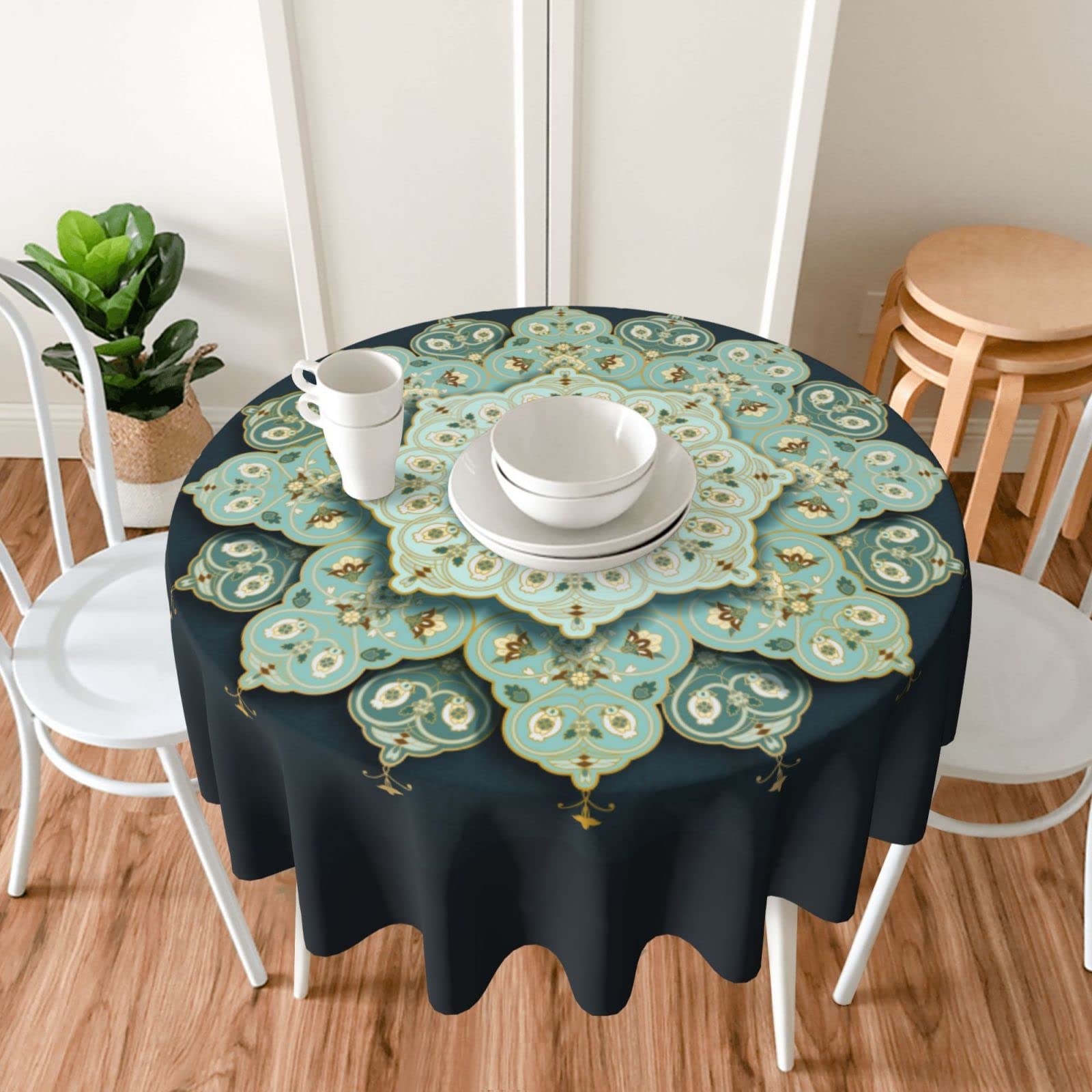 Light Turquoise Mandala Floral Round Tablecloth - 60 Inch Washable Polyester Table Cover for Kitchen, Party, Picnic & Dining Decor | Perfect for Boho Home Decor, Outdoor Gatherings & Special Occasions