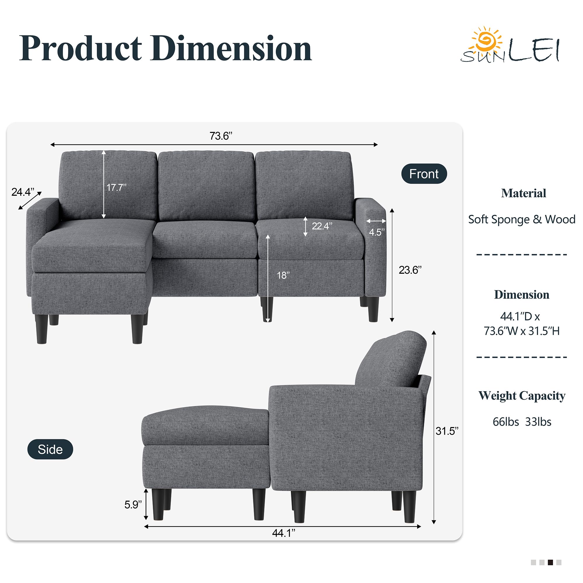 Modern L-Shaped Sectional Sofa with Reversible Chaise - Convertible Linen Fabric Couch for Small Spaces & Living Rooms (Dark Grey) | Perfect for Apartments, Condos & Cozy Home Decor