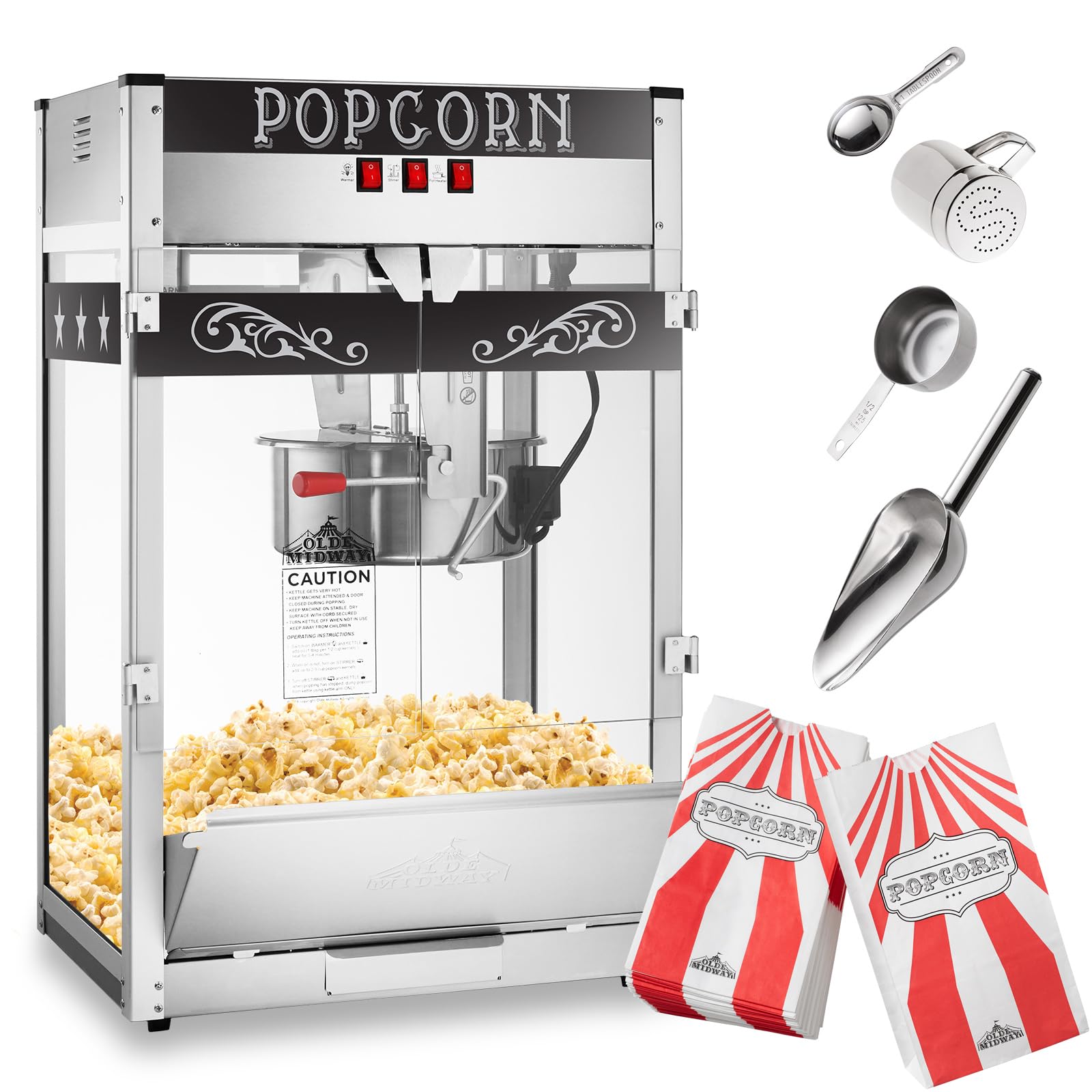 Olde Midway Commercial Popcorn Machine Maker Popper with Extra Large 16-Ounce Kettle - Black | Professional Popcorn Maker for Movie Nights, Parties & Concessions | Heavy Duty Stainless Steel Popcorn Popper for Theaters, Carnivals & Home Use