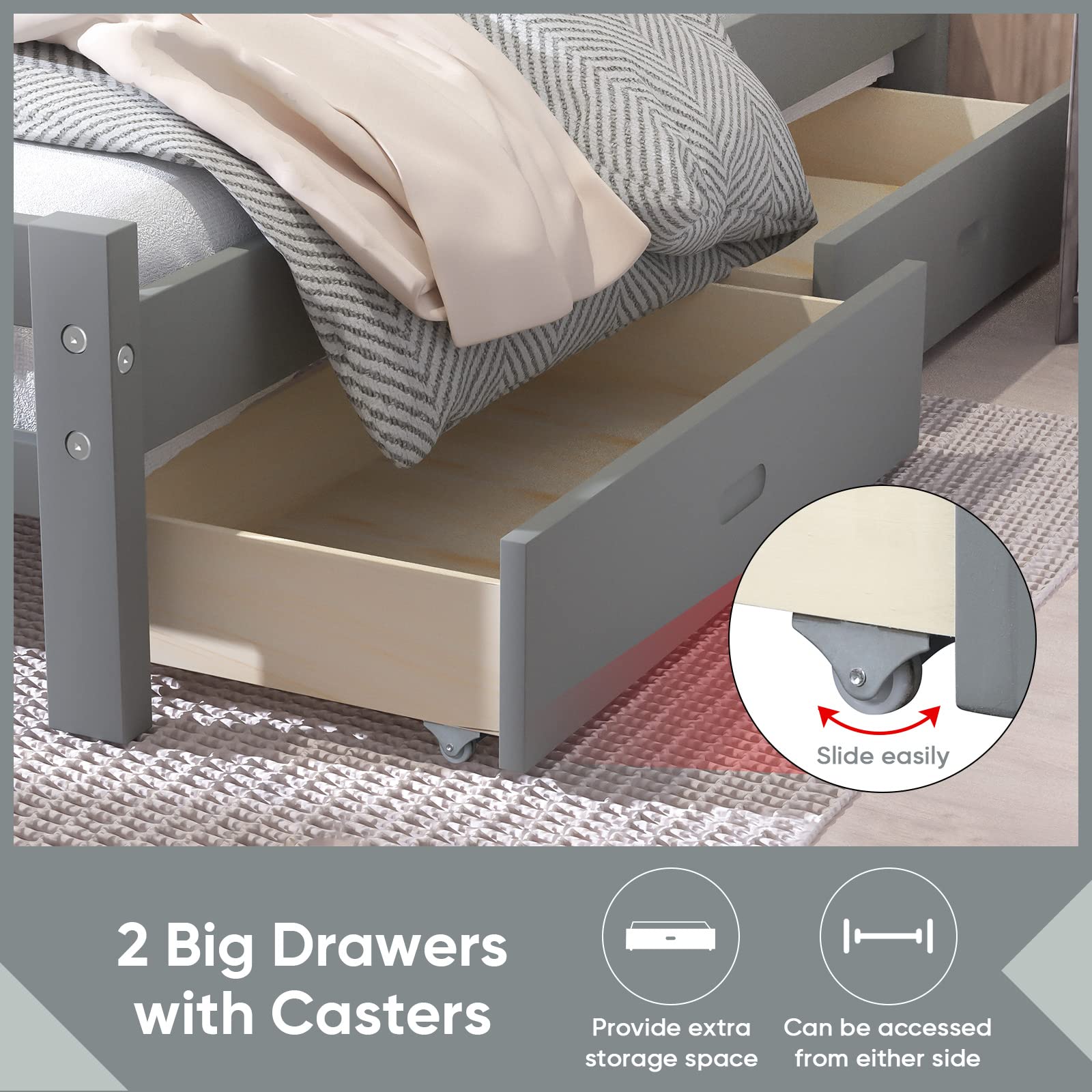 Baysitone Full Size Platform Bed Frame with 2 Storage Drawers & Headboard - 10 Wood Slats Support, 500 lbs Weight Capacity, No Box Spring Needed (Bright Gray) - Perfect for Small Bedrooms, Guest Rooms & Space-Saving Storage Solutions