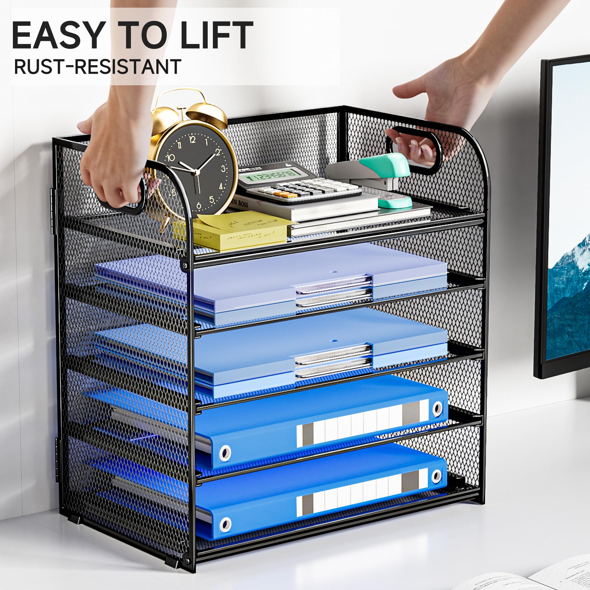 5-Tier Mesh Desk Organizer with Handle - Black File & Paper Sorter for Office & Home - Perfect for Mail, Documents, Office Supplies & Stationery Storage