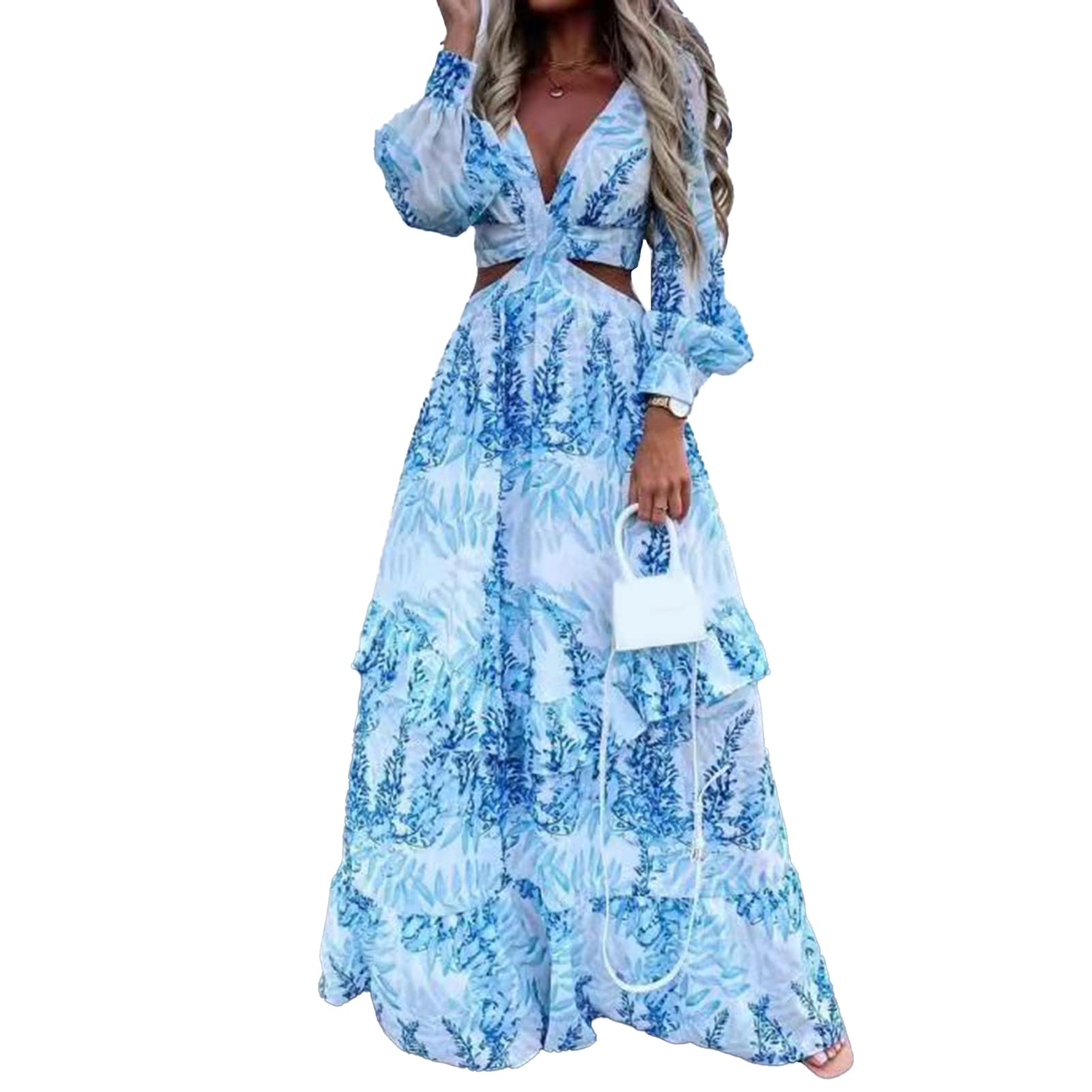Women's Floral Leaf Print Maxi Dress with Long Sleeves & Deep V-Neck - Elegant Beach Cover Up, Summer Vacation Dress for Pool Parties, Date Nights and Tropical Getaways