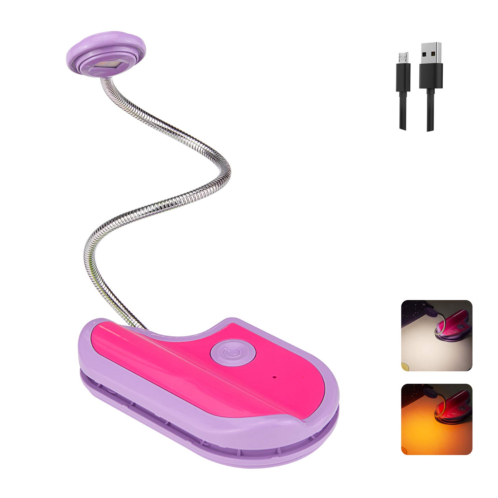 BIGMONAT Rechargeable Reading Light for Kids - Adjustable Amber LED Book Light with 362° Rotatable Neck, Portable Clip-On Lamp for Night Reading, Study, and Travel (Lavender) - Perfect for Bedtime Stories, Homework, and Camping