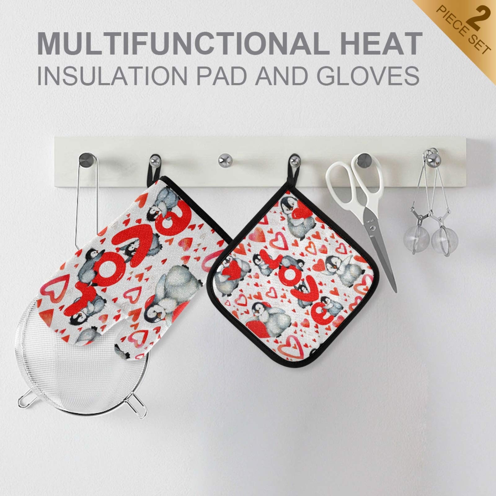 Cute Penguins Love Oven Mitts and Pot Holder Set - 2pcs Heat Resistant Non-Slip Kitchen Accessories for Women, Perfect for Cooking, Baking & BBQ | Mother's Day Gift Idea for Mom with Red Heart Design