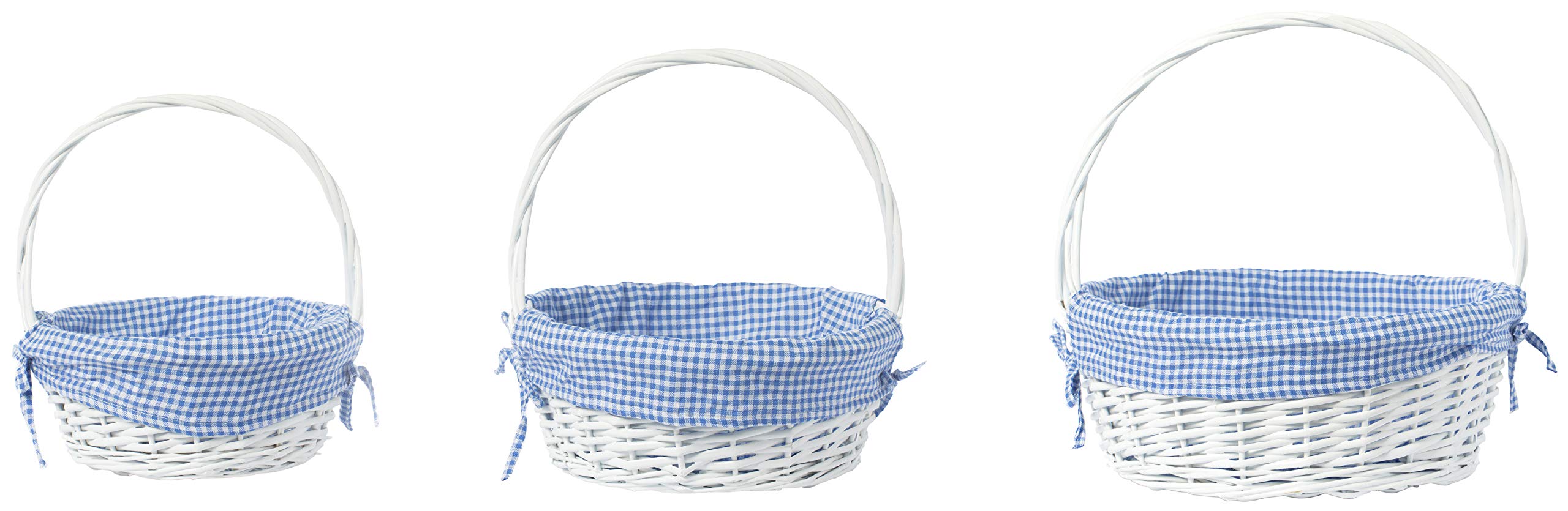 Premium White Round Willow Gift Baskets with Blue Gingham Liner & Handle - Set of 3 for Home Decor, Wedding Favors, Easter Gifts & Party Decorations