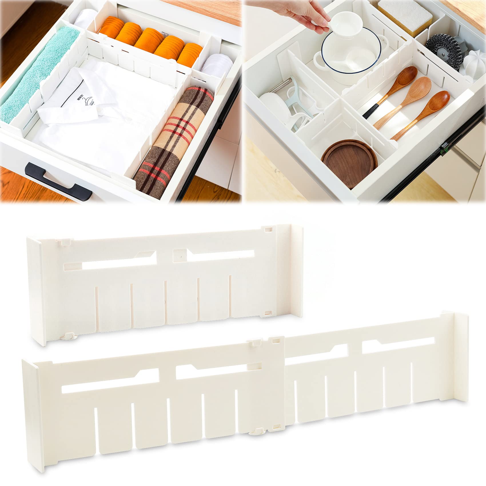 Expandable Drawer Organizers 2 Pack - Adjustable White Plastic Kitchen Utensil Dividers for Drawers (12.8-21.8 Inch) - Perfect for Organizing Kitchen, Office, Bathroom & Dresser Drawers - Space Saving Storage Solution for Utensils, Clothes & Accessories