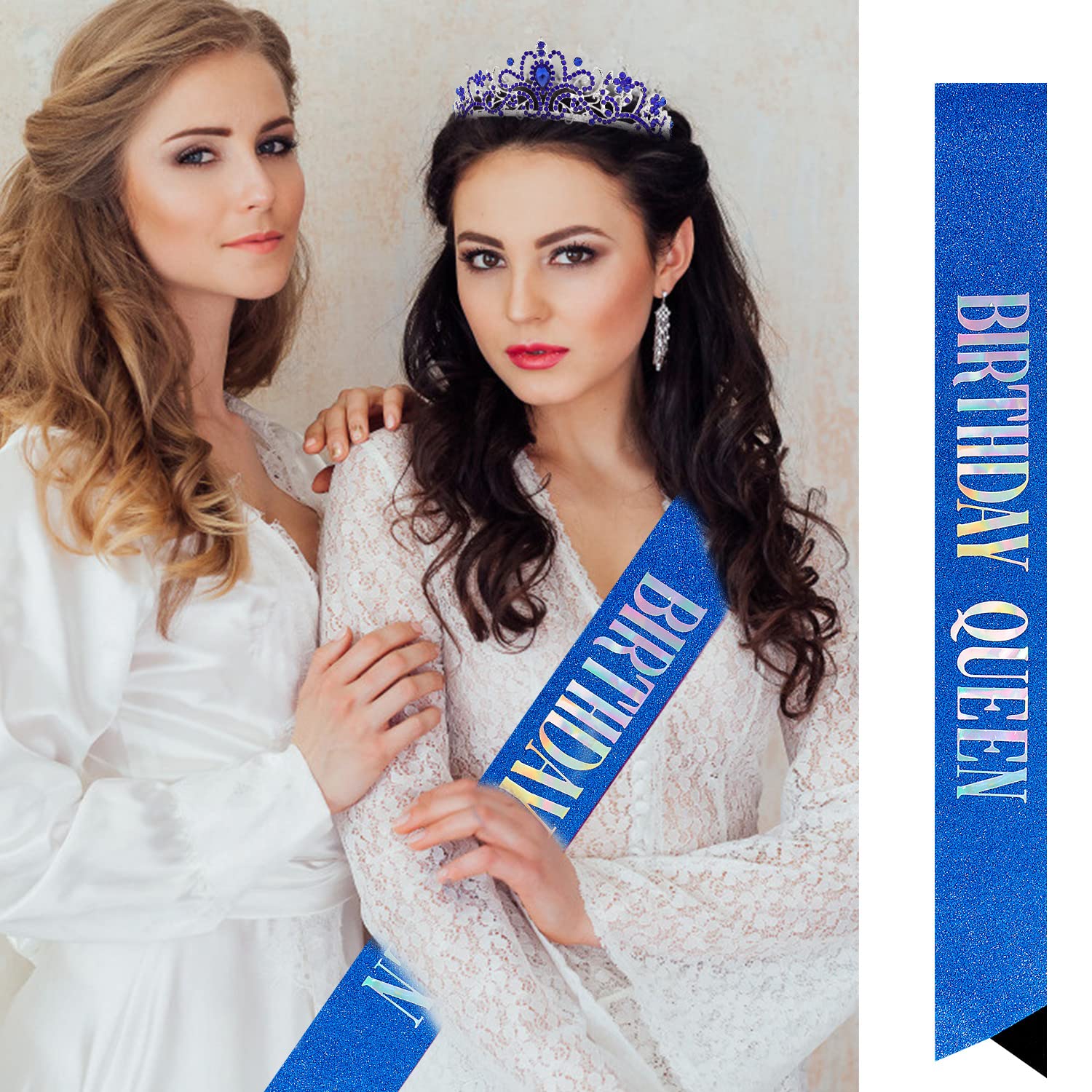 Happy Birthday Queen Blue Silver Tiara Crown for Women - Elegant Birthday Sash & Party Favors - Perfect 50th Birthday Gift & Decorations - Great for Birthday Parties, Bachelorette Celebrations & Special Occasions