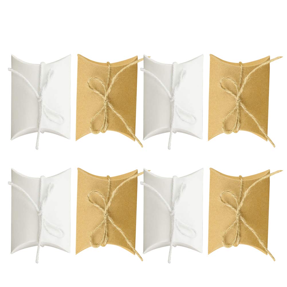100pcs Eco-Friendly Kraft Paper Candy Boxes - Pillow Shape Gift Holder for Christmas, Party Favors, Wedding Decorations (50 Kraft, 50 White) with Natural Hemp Rope - Perfect for Holiday Gifting, Candy Storage & DIY Craft Projects