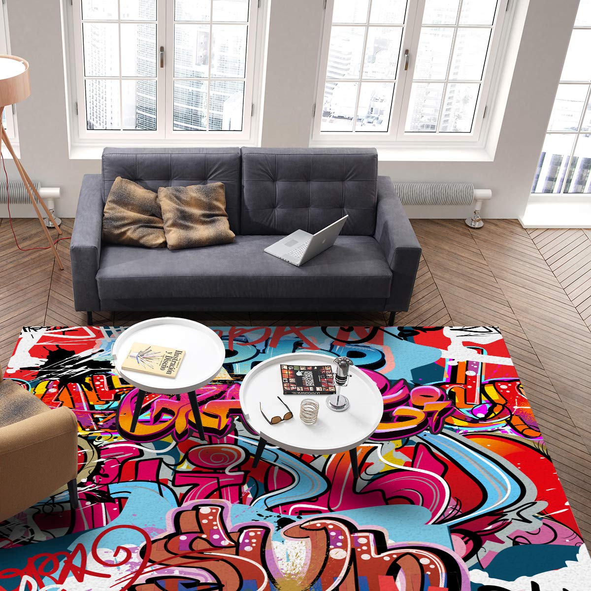 5' x 7' Modern Graffiti Art Area Rug - Hip Hop Street Culture Harlem NYC Spray Art Throw Carpet for Bedroom, Nursery & Kitchen - Non-Slip Floor Mat for Kids Room, Dorm & Living Space