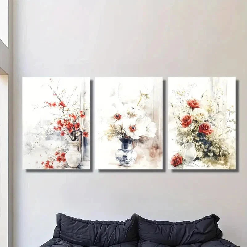 3-Piece Metal Print Wall Art - Floral and Plant Illustrations in Vase, Ready to Hang Home Decor for Living Room, Bedroom & Office