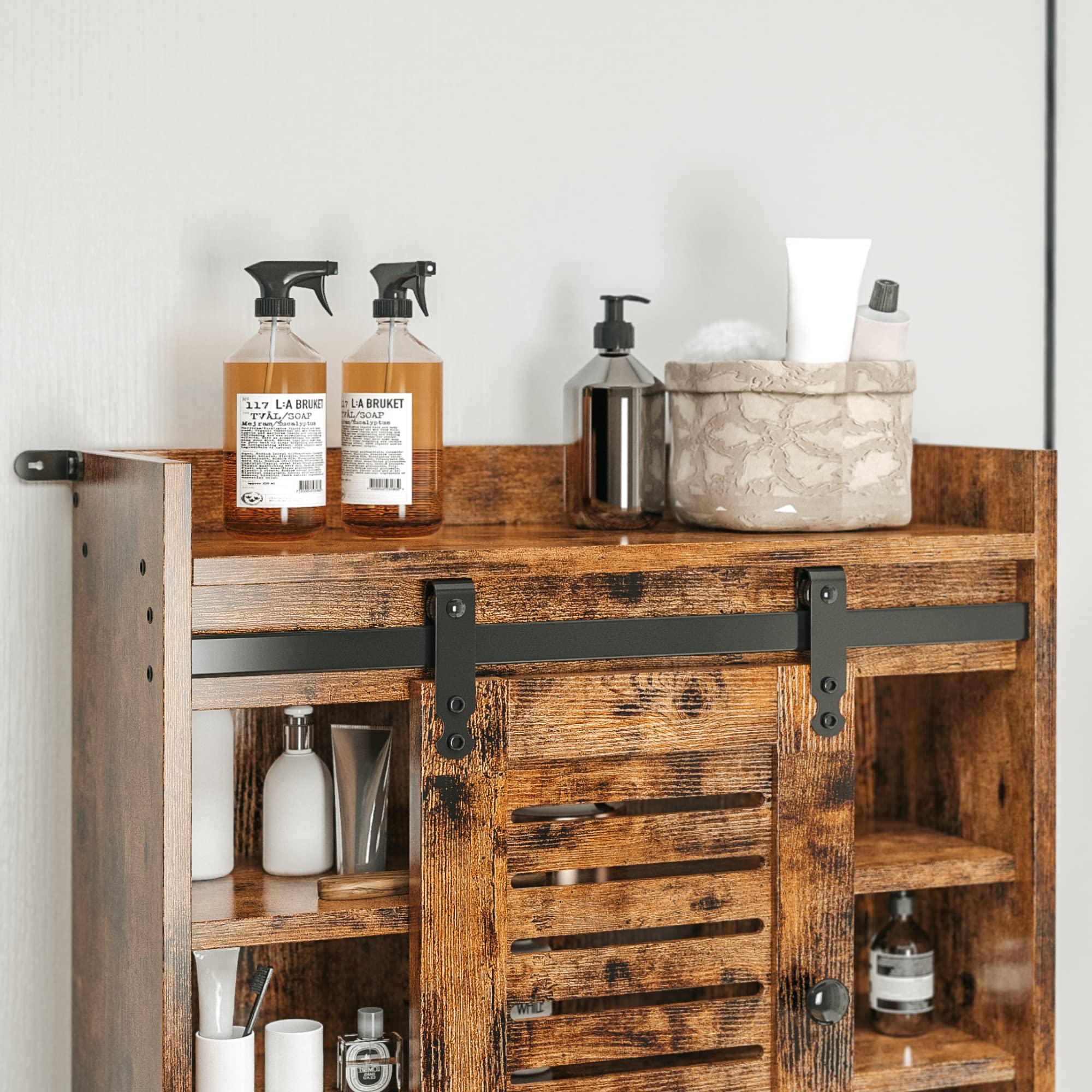Vintage Brown Over The Toilet Storage Rack with Cabinet & 6-Tier Shelves - Adjustable Bathroom Organizer with Sliding Door, Paper Hook - Space Saving Solution for Small Bathrooms, Apartments & Dorm Rooms