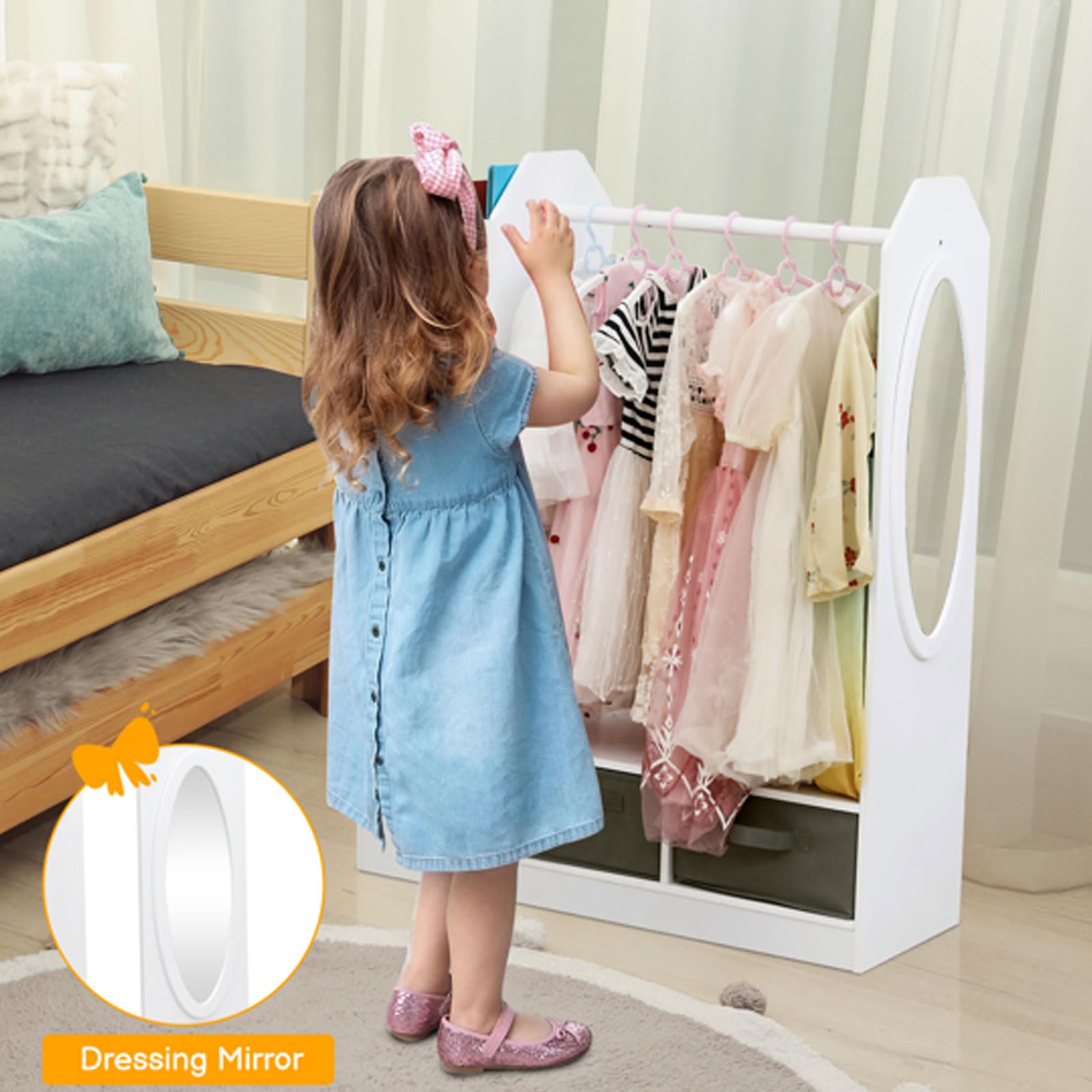 Kids Dress Up Storage Organizer with Mirror & Storage Bins - Hanging Costume Closet for Bedroom & Playroom | Perfect for Pretend Play, Dress Up Parties & Toy Organization
