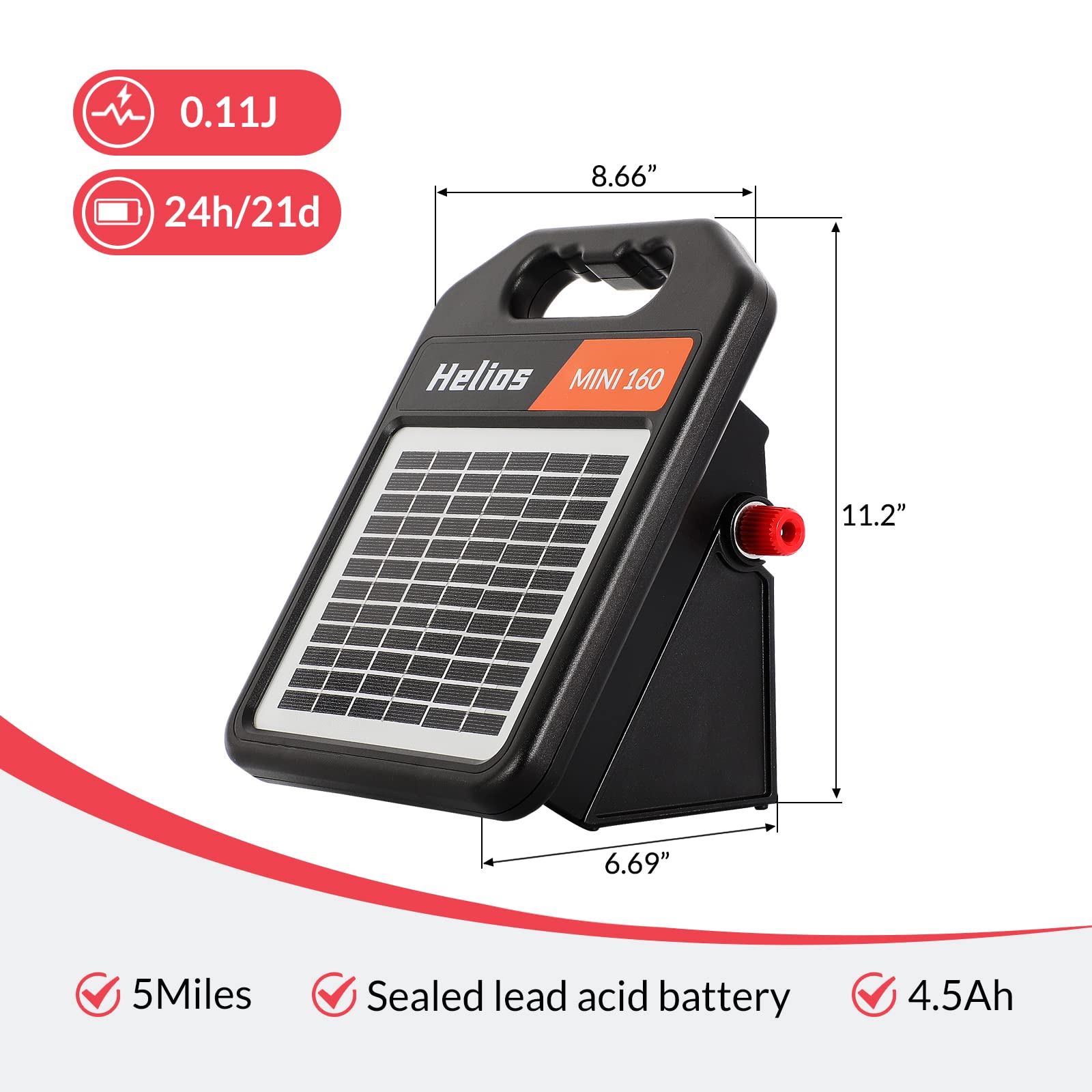 10 Miles Solar Electric Fence Charger - 0.11 Joule Portable Solar Powered Fence Energizer with Day/Night Mode for Cattle, Horses, Sheep & Livestock - Ideal for Farm, Ranch & Pasture Protection