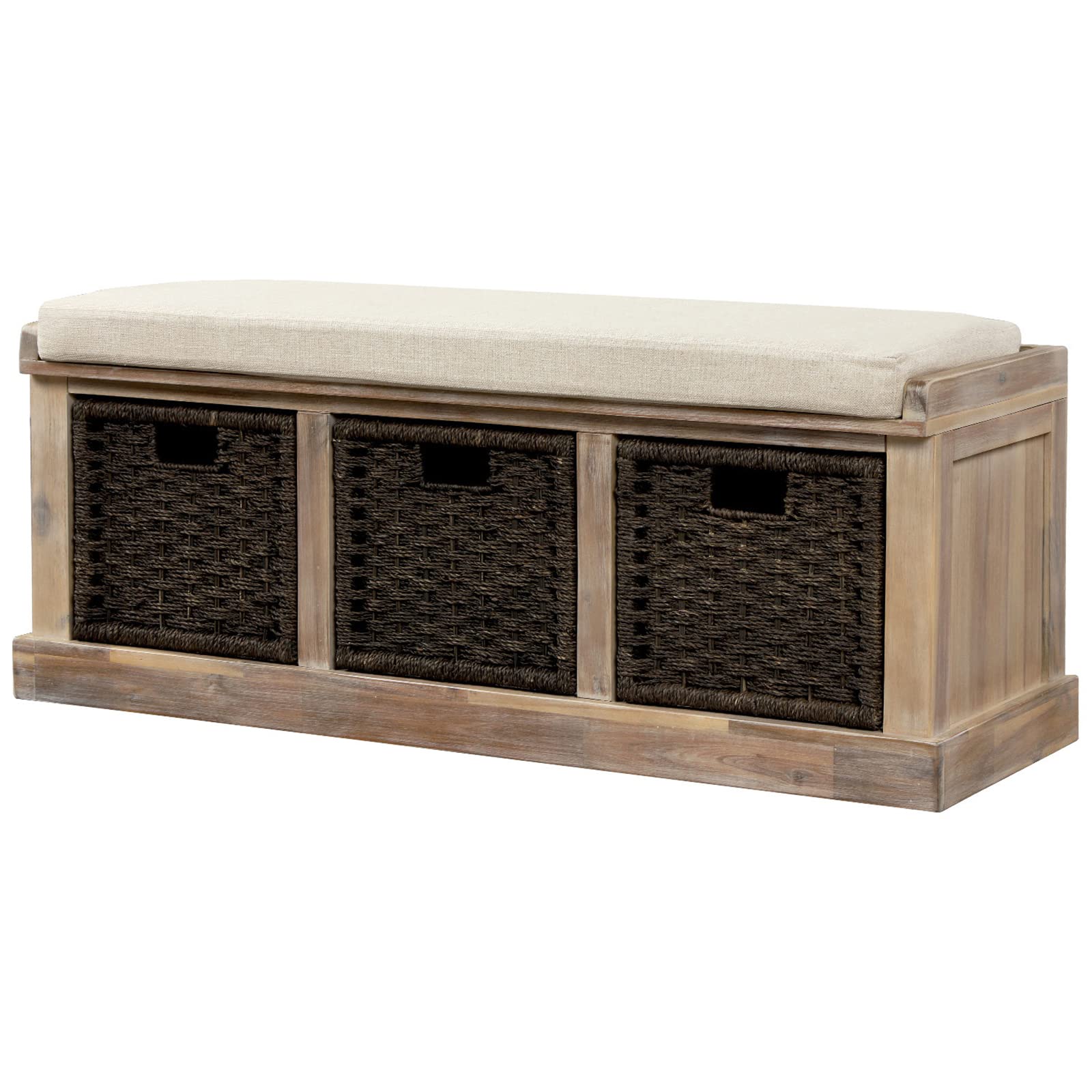 Rustic Storage Bench with 3 Removable Rattan Baskets & Cushion - Entryway Shoe Bench for Hallway, Mudroom, Living Room - White Washed Finish for Farmhouse & Cottage Decor