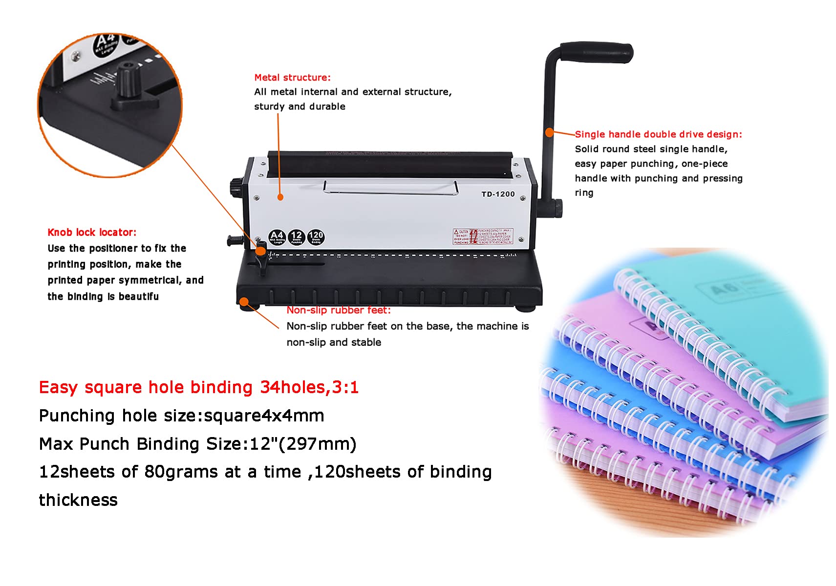 INTBUYING All Steel Metal Base Wire Coil Binding Machine - 34 Holes 3:1 Square Punching, 120 Sheets Binding Capacity (Model TD1200) - Perfect for Office Documents, School Projects, and Professional Reports