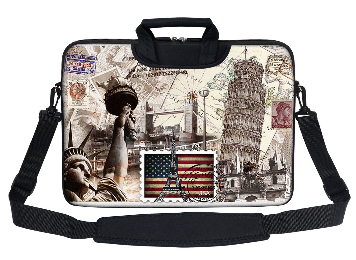 Meffort Inc Neoprene Laptop Shoulder Briefcase Bag for 15-15.6 Inch Notebook Computer - World Landmarks Design | Durable & Lightweight Business Travel Bag for Work, School & Commuting