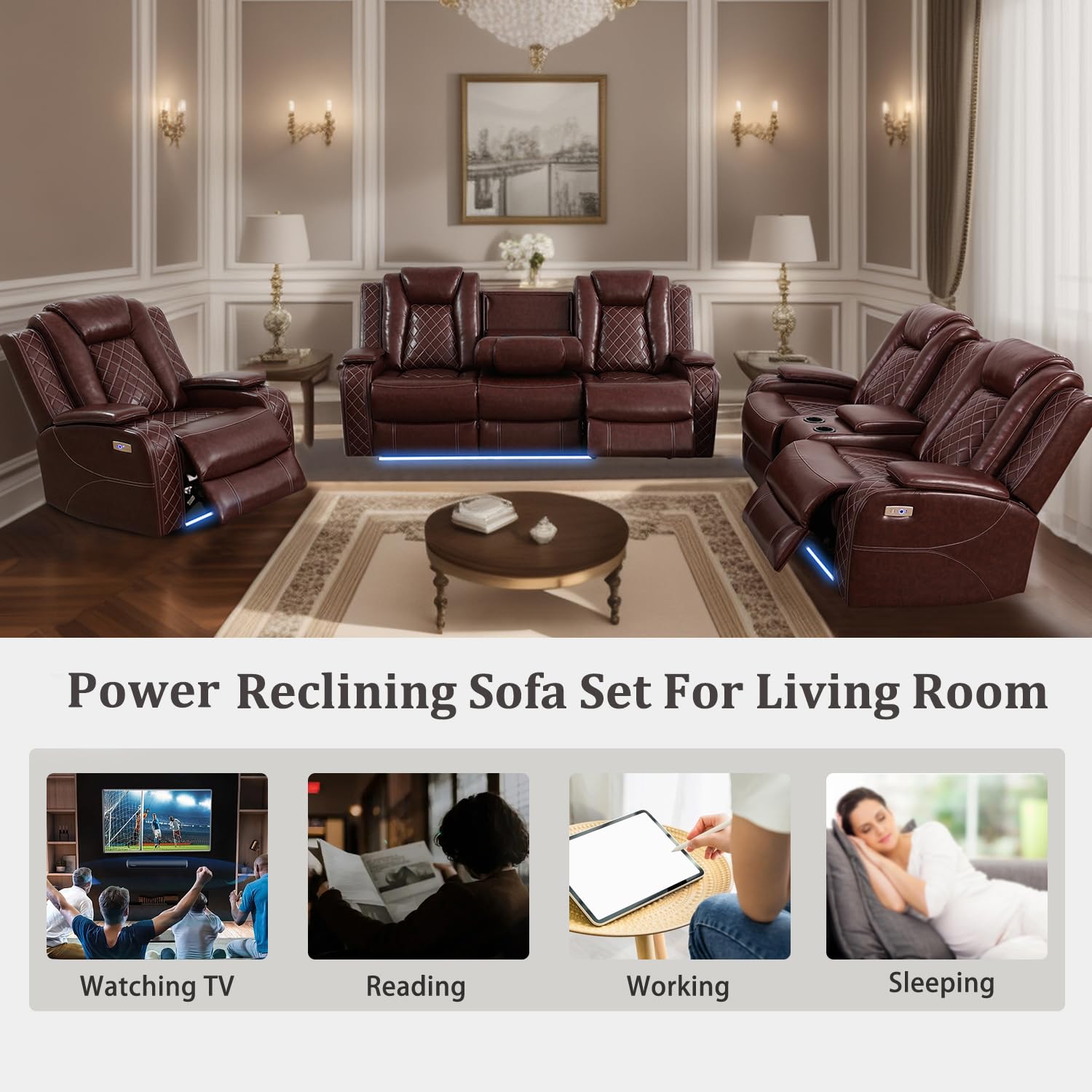 Power Reclining Sofa Set with USB Ports - Genuine Leather Recliner Couches for Living Room, Apartment, Office & Home Theater - Burgundy 3-Piece Set (Sofa + Loveseat) - Perfect for Movie Nights, Family Gatherings & Relaxing After Work