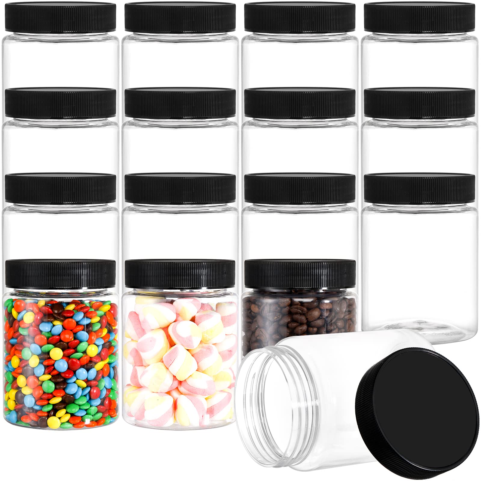16 Pack 16OZ Clear Plastic Jars with Black Ribbed Lids - Airtight Empty Storage Containers for Slime, Cosmetics, Spices, Dry Food & Body Butter | Perfect for Kitchen, Bathroom & Craft Organization