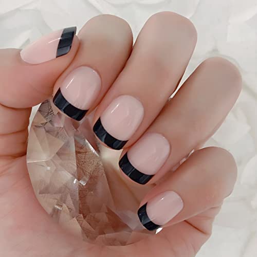 Coolnail Classic Glossy Black French Press On False Nails - Short Squoval Fake Nails for Women & Girls | Full Cover Manicure Set | Perfect for Parties, Weddings & Daily Wear