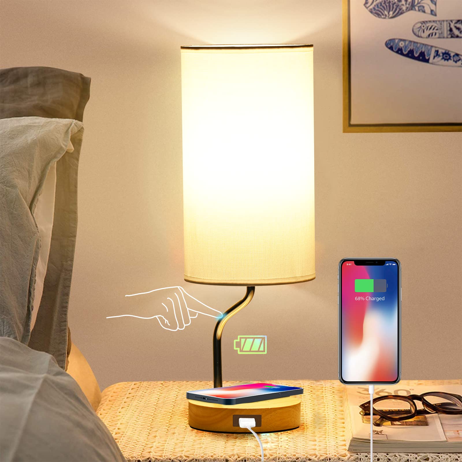 Artoomizz Touch Control Bedside Lamp with Wireless Charger & USB Ports - Modern Nightstand Lamp for Bedroom, Living Room, Dorm, Kids Room, Office Desk (White) | Perfect for Reading, Working & Charging Devices at Night