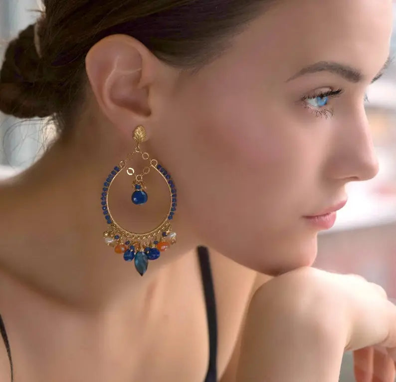 Blue Lapis Gold Fill Hoop Earrings with Mystic Carnelian & Fire Opal - Elegant Boho Jewelry for Women, Perfect for Parties, Weddings & Everyday Wear