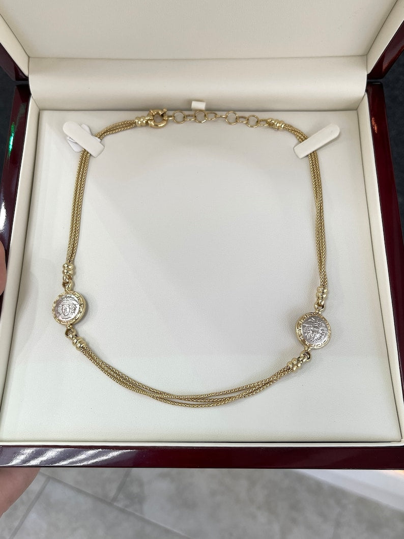 14K Solid Yellow Gold Medusa Head Triple Box Chain Necklace - 17-19 Inches, Elegant Layered Statement Jewelry for Women, Perfect for Parties, Weddings and Special Occasions