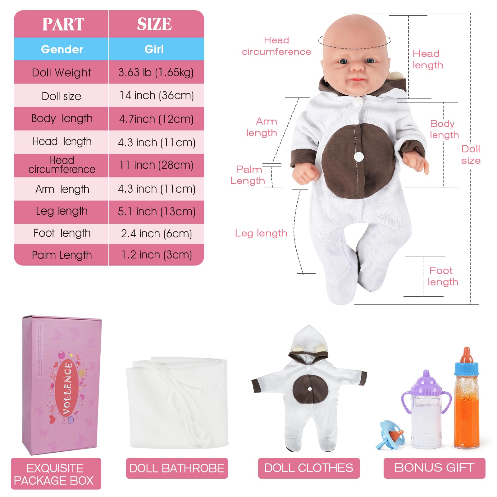 Vollence 14 Inch Realistic Full Body Silicone Baby Doll - Soft Lifelike Newborn Girl Doll with Bald Head (Not Vinyl) - Perfect for Collectors, Gift Giving, Nursery Decor & Role Play