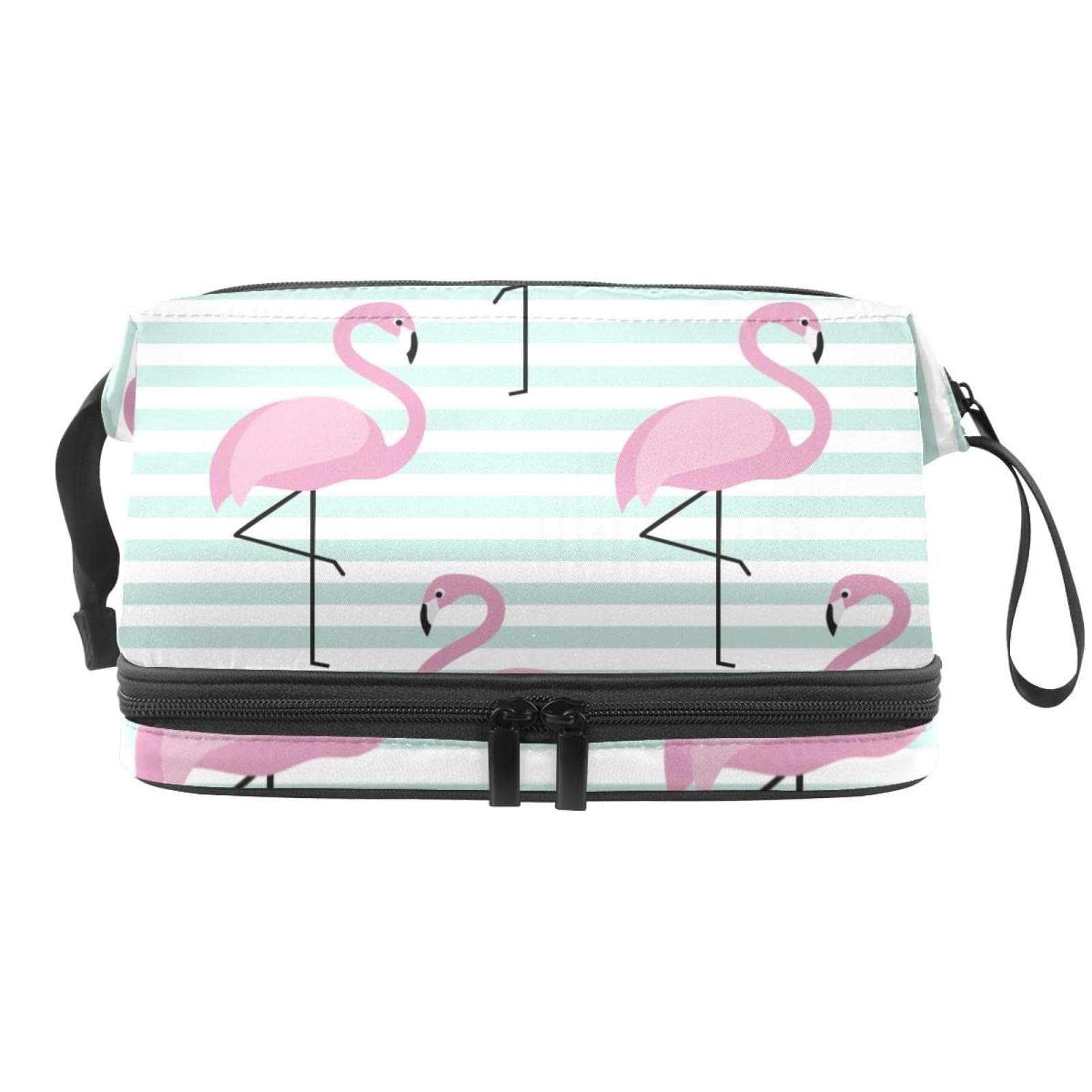 Large Makeup Bag for Women - Flamingo & Stripes Travel Cosmetic Organizer, Waterproof Toiletry Bag for Travel, Gym, and Daily Use