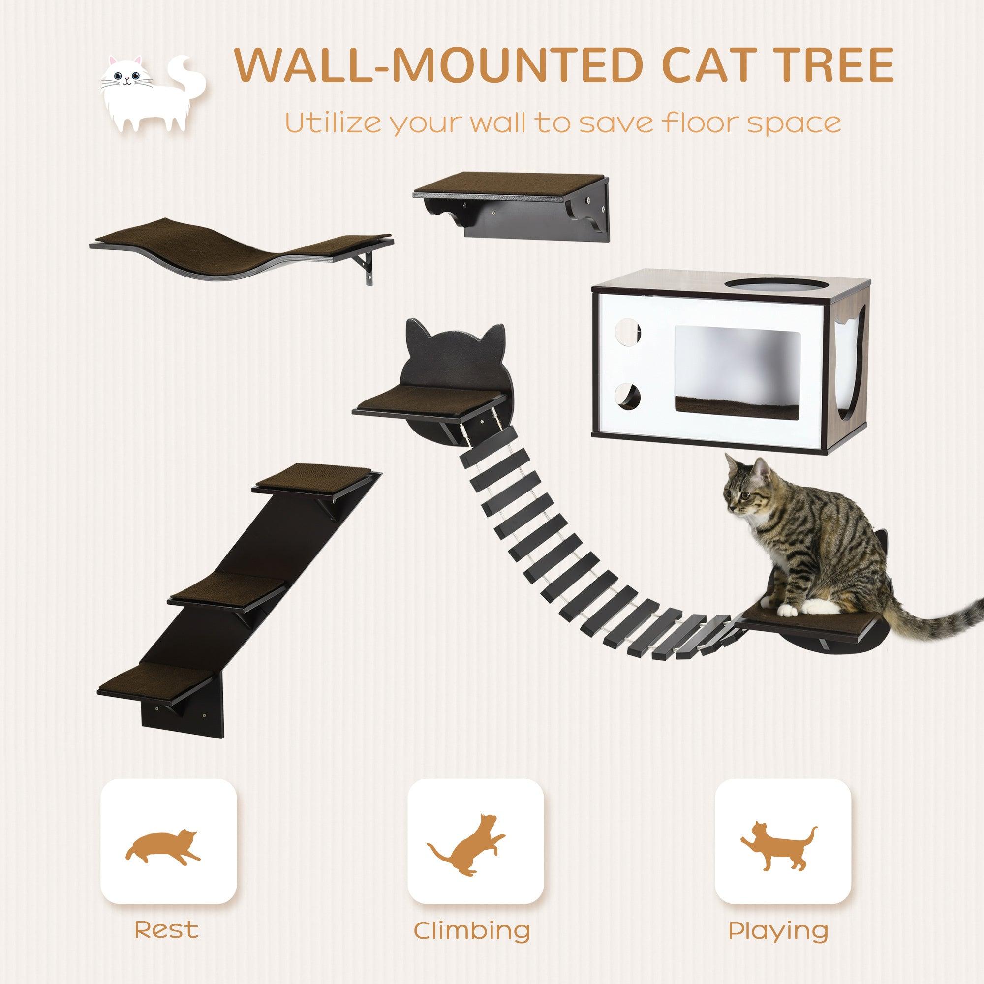Ergonomic Cat Shelves with Cozy House, Bridge & Stairs - Wall Mounted Cat Climbing Playground for Indoor Cats - Modern Coffee Brown Cat Tree for Play, Rest & Exercise