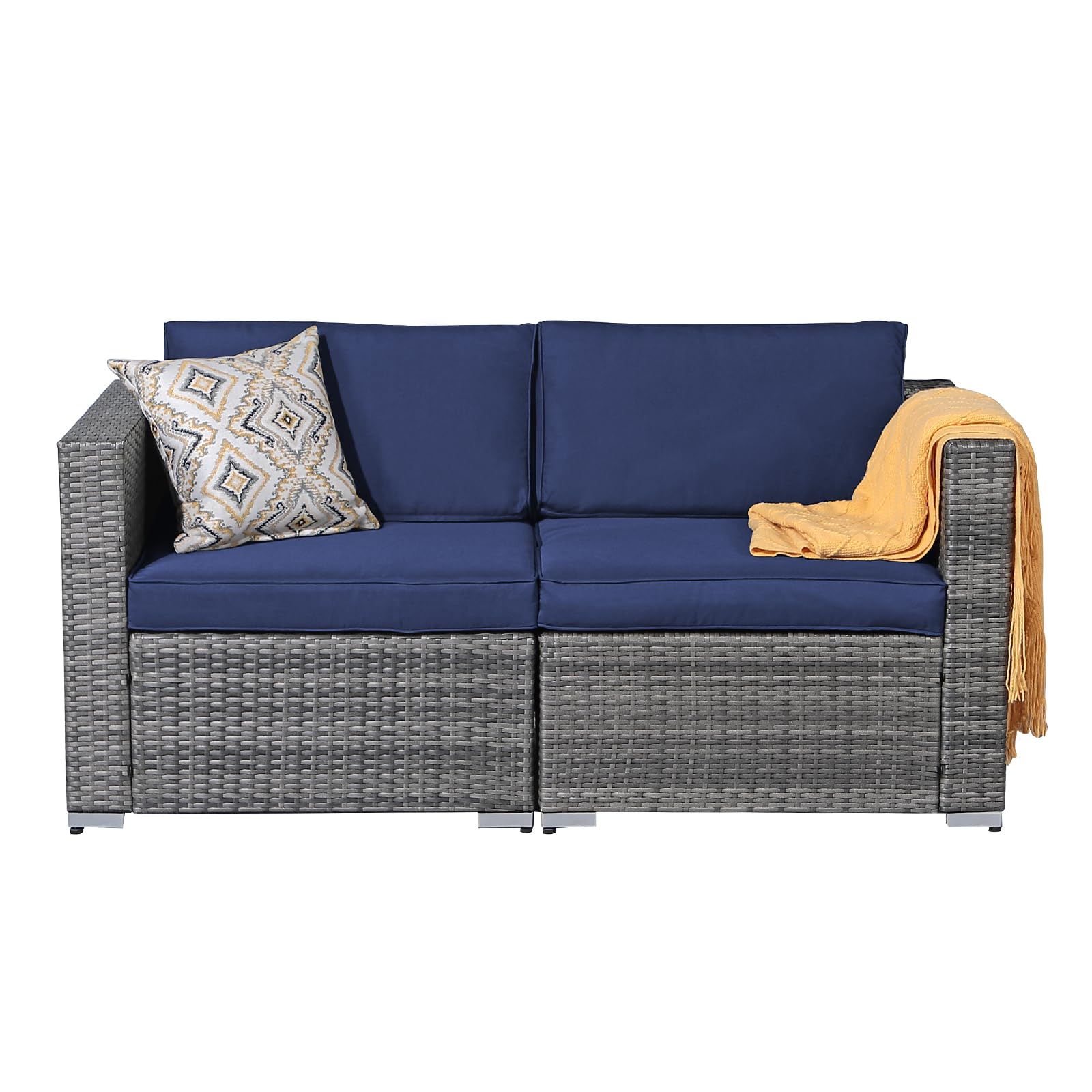 **All-Weather Grey PE Rattan Outdoor Wicker Loveseat 2-Piece Set with Navy Blue Cushions – Patiorama Corner Sofa for Patio, Garden, or Poolside Relaxation**