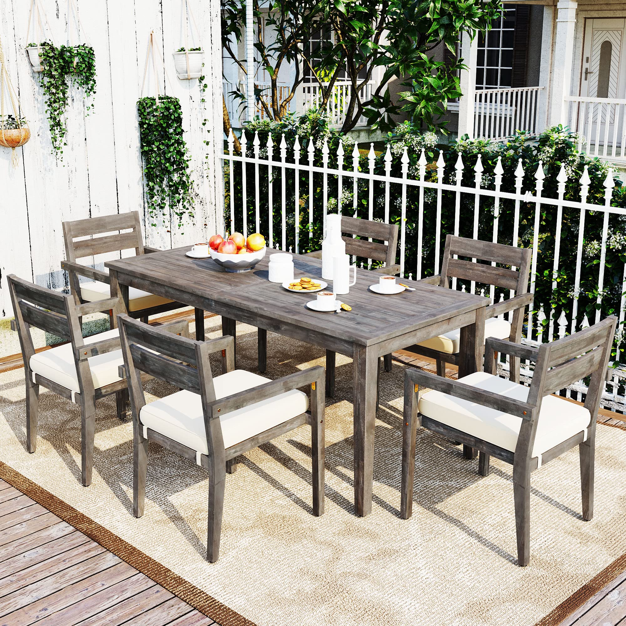 **Merax 7-Piece Acacia Wood Outdoor Dining Table Set - Patio, Balcony, Backyard & Garden Furniture - Weather-Resistant Grey Dining Chairs & Table for Entertaining & Relaxation**