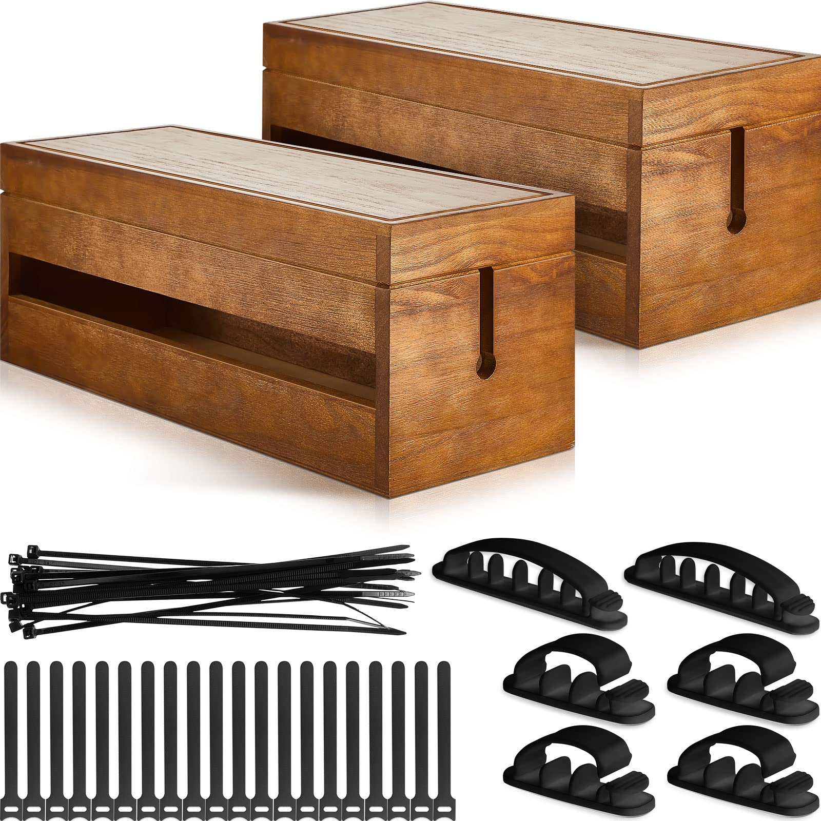 Hoteam 48 Pcs Wooden Cable Management Box Set - Cord Organizer, Power Strip Holder with Adhesive Clips & Sleeves for Home Office Desk (Brown, Large) - Perfect for Organizing Wires Under Desk & TV Stand