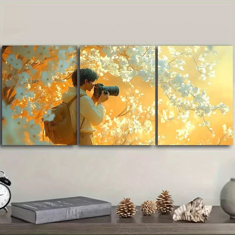 3-Piece Male Cameraman Holding Camera Flowers Wall Art Set - Framed Canvas Prints 40x60cm - High Quality Australian Made - Perfect for Living Room, Bedroom & Office Decor - Ready to Hang