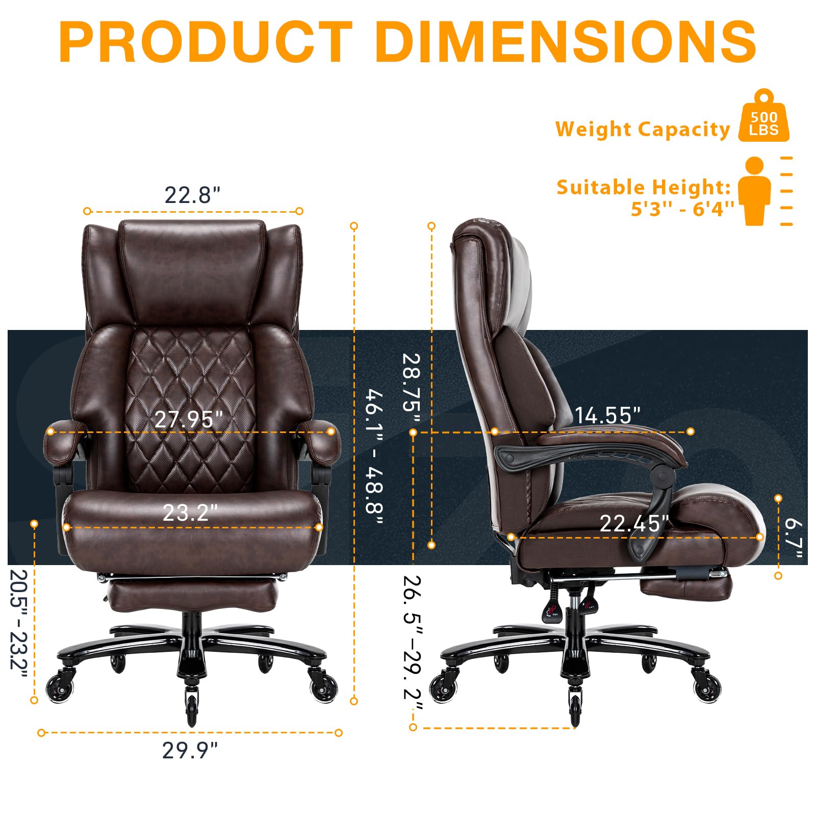 500 LBS Heavy Duty Big and Tall Office Chair with Adjustable Footrest - High Back Ergonomic Executive Chair for Heavy People - Reclining Computer Desk Chair for Home Office (Brown) - Perfect for Long Work Hours and Gaming Sessions