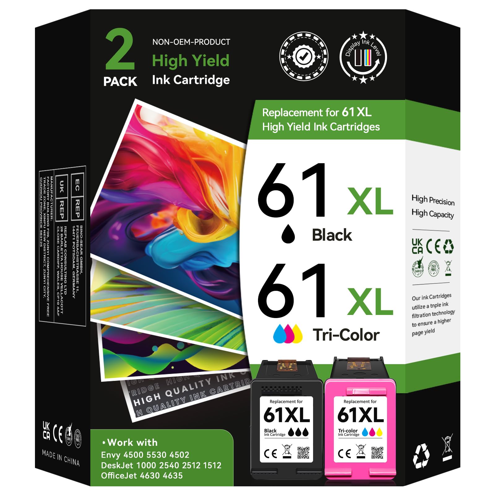 HP 61XL Ink Cartridge Combo Pack (2-Pack) - High Yield Replacement for HP 61 Ink, Compatible with HP Envy 5530, 4500, 4502, Officejet 4630, 4635, Deskjet 1000, 1010, 1512 Printers - Perfect for Home & Office Printing Needs