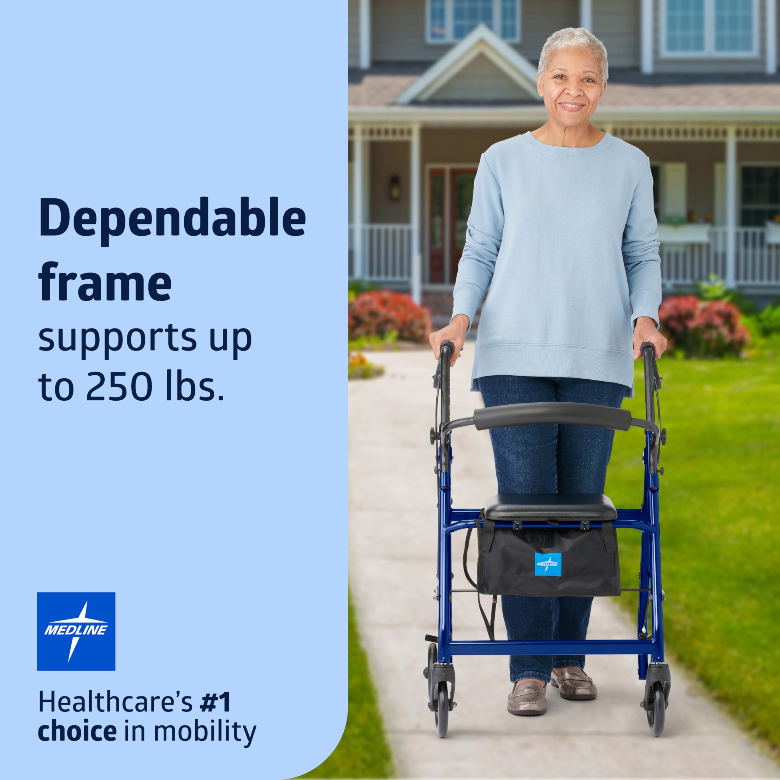 Medline Aluminum Rollator Walker with Seat - Lightweight Foldable Mobility Aid, 250 lb Capacity, Adjustable Handles & 6