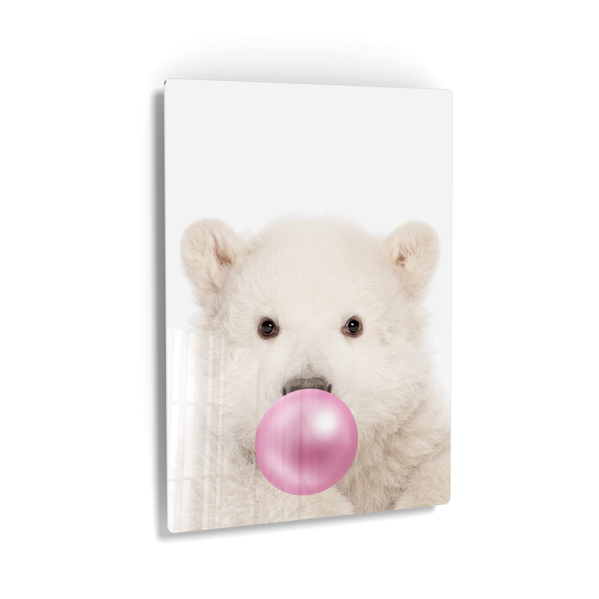 Polar Bear Chewing Pink Bubble Gum Metal Wall Art Print - 24x16 Inches, Animal Pop Art Decor for Office, Living Room, Bedroom & Nursery - Perfect for Kids Room, Modern Home Decor & Gift Idea