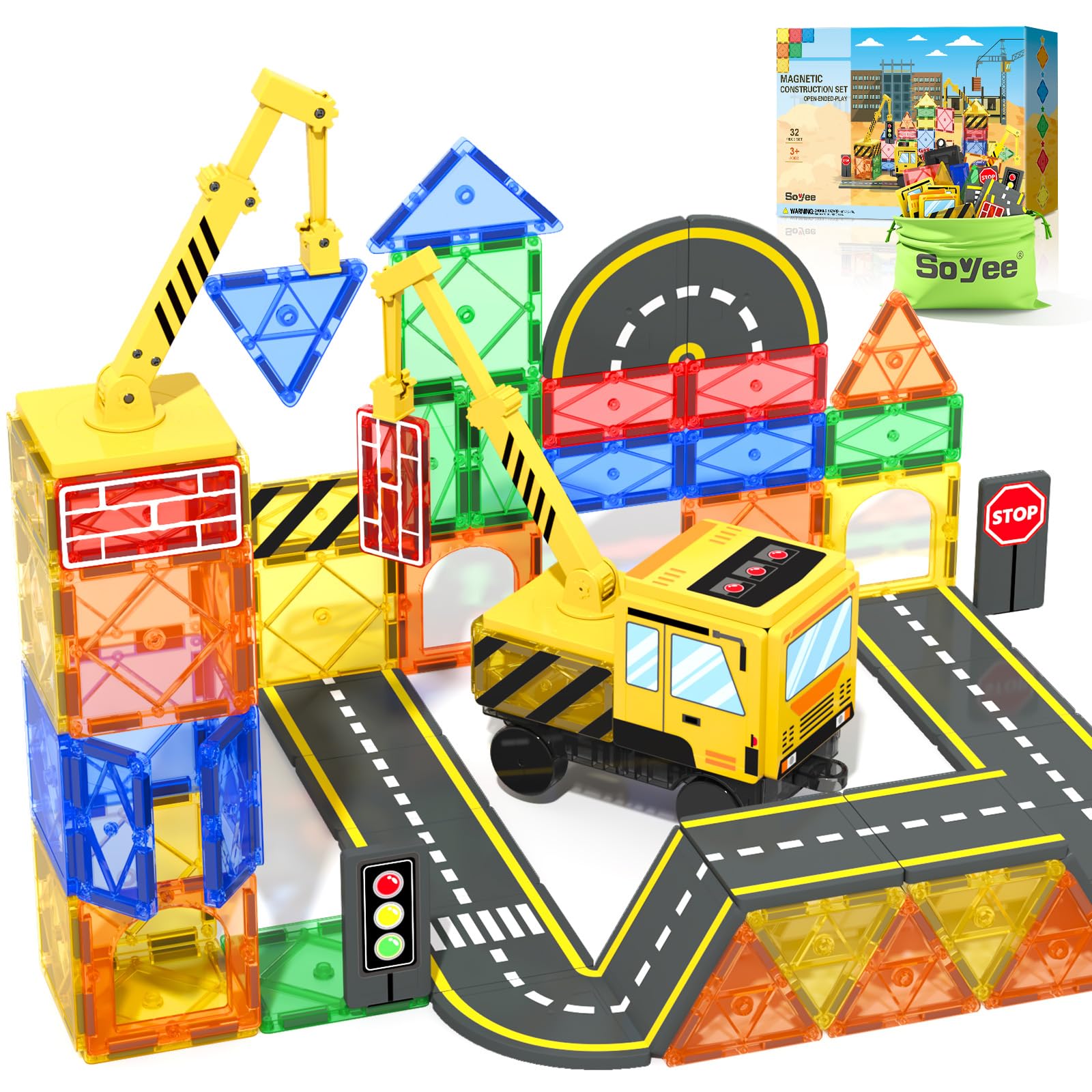 Magnetic Building Blocks STEM Toys for Kids Ages 3-8 - 120pcs Construction Set with Crane, Trucks & Road Pieces - Educational Sensory Learning Toys for Boys & Girls - Perfect for Birthday, Christmas Gifts & Classroom STEM Activities
