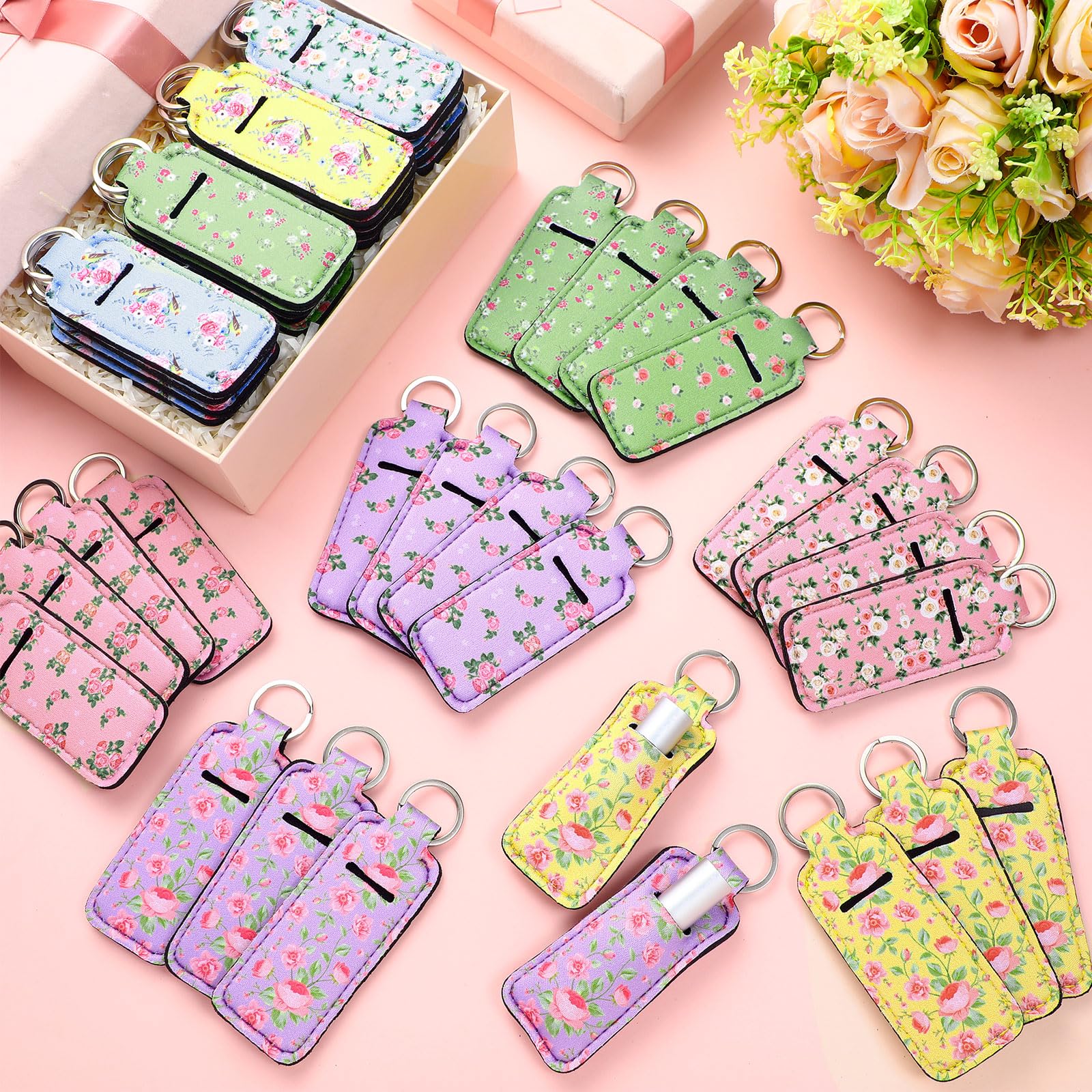 40 Pcs Floral Rose Lip Balm Holder Keychain Set with Clip - Portable Lipstick & Lip Gloss Sleeve Pouch - 10 Stylish Patterns for Gifts, Travel & Everyday Use
