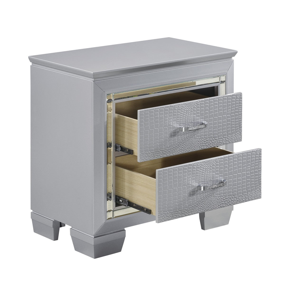 Allura Silver Night Stand with LED Lighting - Modern Bedside Table with USB Charging Port & Storage Shelf for Bedroom, Living Room, or Guest Room