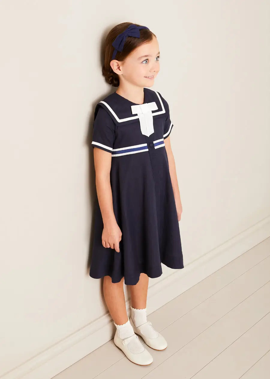 Navy Blue Mariner Collar Bow Detail Short Sleeve Dress for Girls (4-12 Years) - Perfect for School, Parties & Special Occasions
