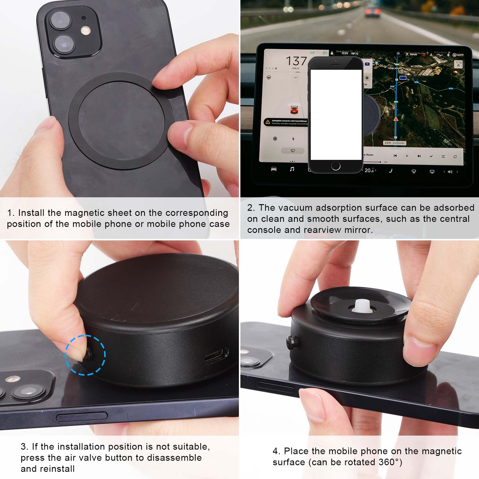 Strong Magnetic Car Phone Holder - 360° Rotatable Dashboard & Windshield Mount with Adjustable Suction Cup for iPhone, Samsung, Google Pixel - Perfect for Driving, Gym, Workouts (Black)