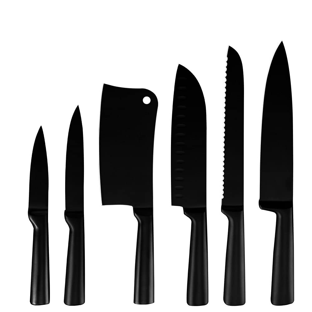 6-Piece Stainless Steel Kitchen Knife Set - Chef, Santoku, Utility, Paring, Bread & Slicing Knives with Non-Stick Black Blades - Perfect for Home Cooking, Meal Prep & Professional Chefs