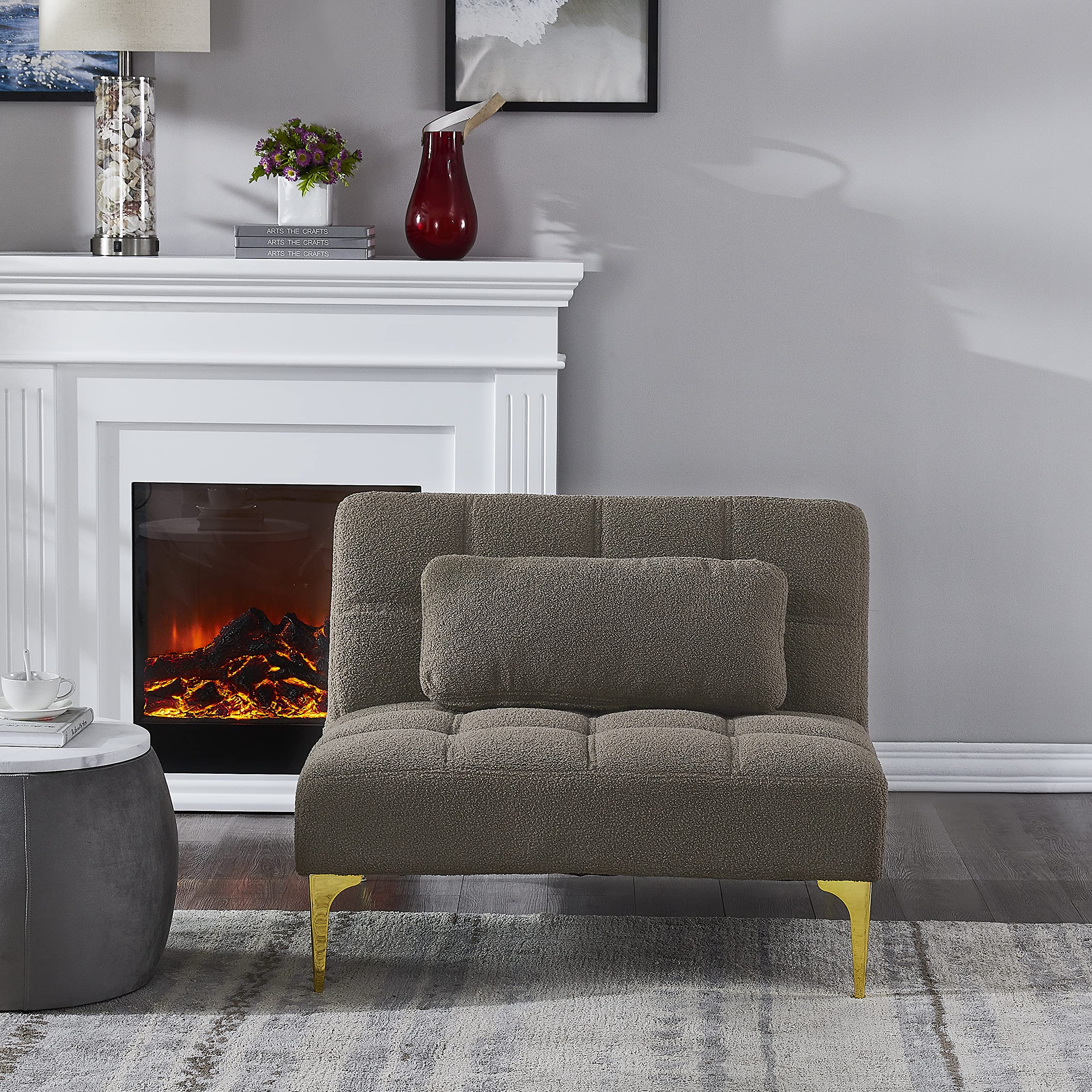Polibi Modern Convertible Folding Sofa Bed with Adjustable Backrest - Teddy Fabric Taupe Couch with Golden Legs & Toss Pillow - Space Saving Single Sofa Chair for Small Apartments, Guest Rooms & Home Offices